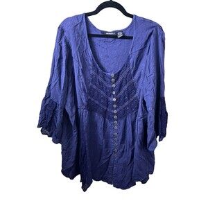 Denim Assymetrical Top Women’s‎ Plus Sz 26 Blue 3/4 Bell Sleeve Rena Fairy